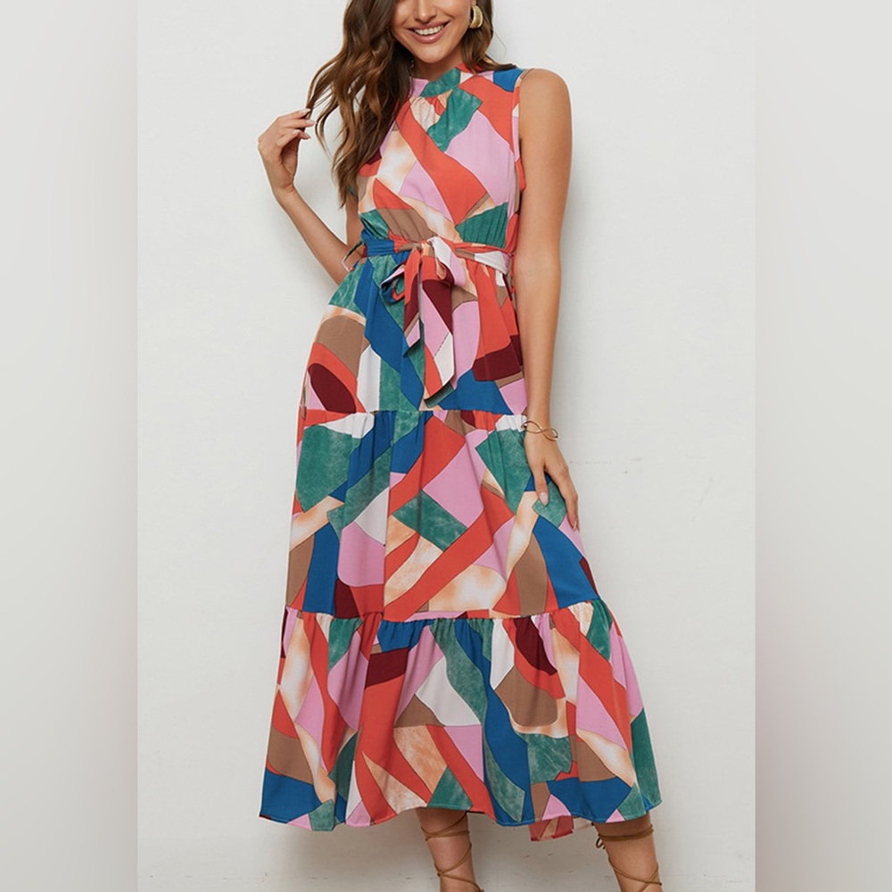 Multicolor Abstract Print Midi Dress